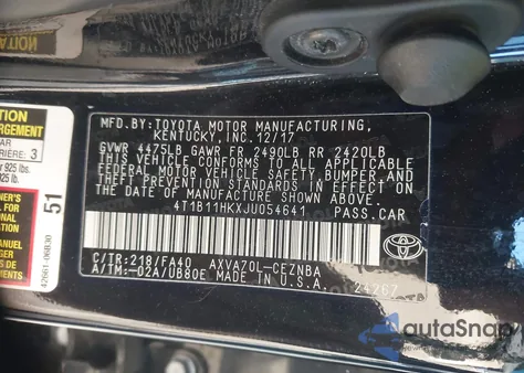 2018 Toyota Camry Le из США, поврежденный, VIN 4T1B11HKXJU054641